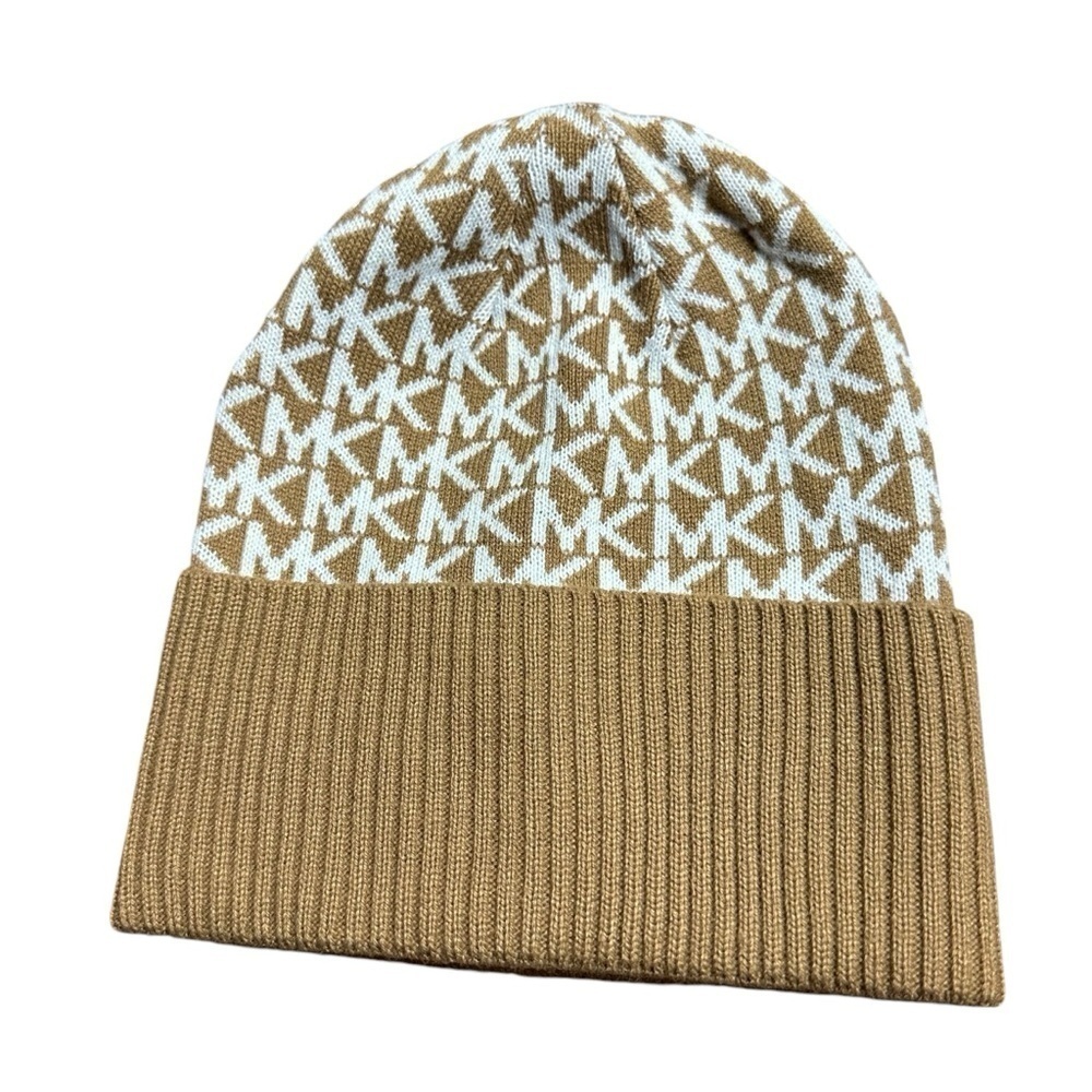 Michael Kors Tan and White Logo Beanie Hat